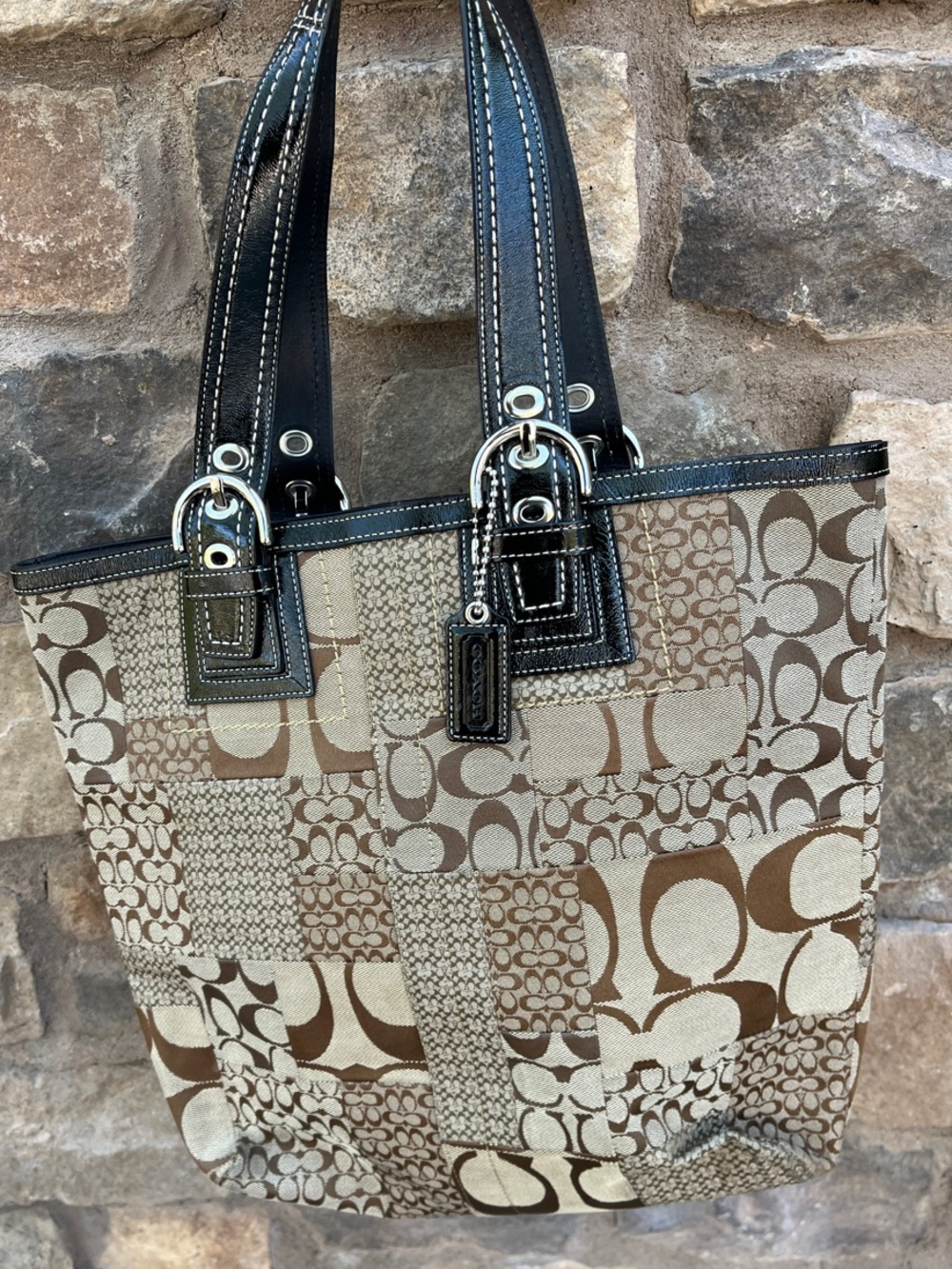 Coach Vintage Large Patchwork Brown Jacquard Signature C Logo Tote Black Patent